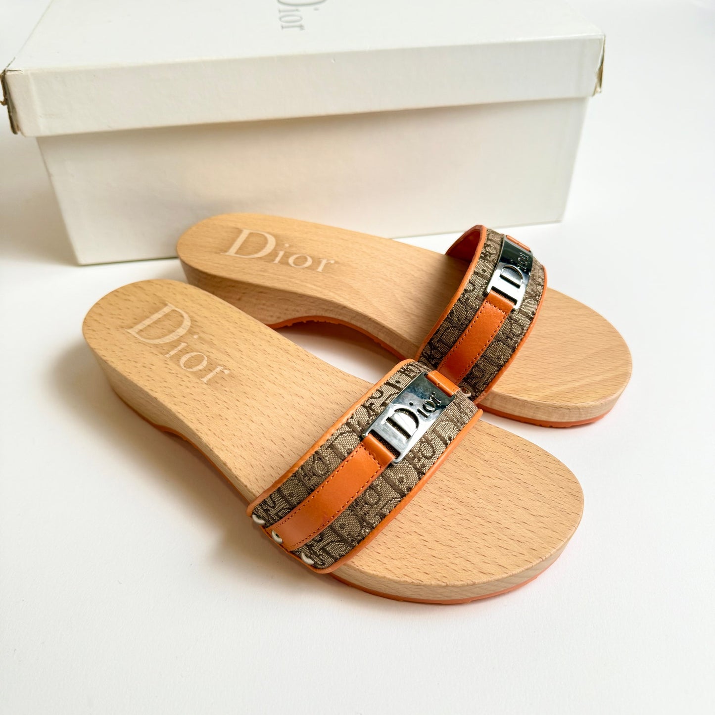 Christian Dior Slippers Size 36 Monogram Logo Canvas Wooden Insole Sandals -  - VertFashion